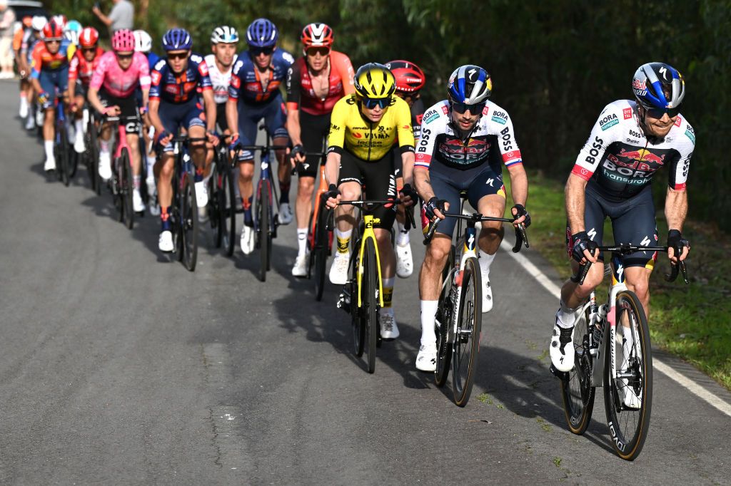 ALTO DA FOIA PORTUGAL FEBRUARY 20 LR Jonas Vingegaard of Denmark and Team Visma Lease a Bike and Primoz Roglic of Slovenia and Team Red Bull BORA hansgrohe compete during the 51st Volta ao Algarve em Bicicleta Stage 2 a 1776km stage from Lagoa to Alto da Foia 869m on February 20 2025 in Alto da Foia Portugal Photo by Tim de WaeleGetty Images