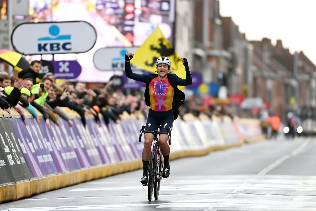 Marlen Reusser of Switzerland and Team SD Worx celebrates at finish line as race winner during the 12th Gent-Wevelgem