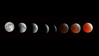 composite image showing the stages of a total lunar eclipse with the moon turning progressively more red as Earth's shadow sweeps across it.