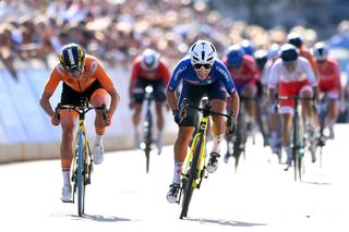 LEUVEN BELGIUM SEPTEMBER 25 Elisa Balsamo of Italy and Marianne Vos of Netherlands sprint to win during the 94th UCI Road World Championships 2021 Women Elite Road Race a 1577km race from Antwerp to Leuven flanders2021 on September 25 2021 in Leuven Belgium Photo by Tim de WaeleGetty Images