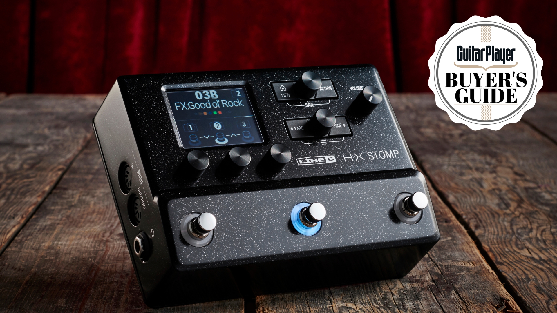 A Line 6 HX Stomp on a wooden floor