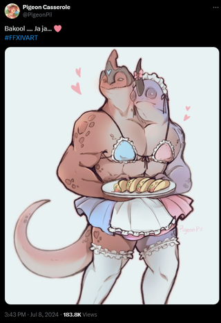 A post that reads: "Bakool .... Ja ja... 🩷" with an image of Bakool Ja Ja, a two-headed lizard man, serving tacos in a maid outfit.