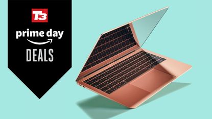 The M1 MacBook Air in rose gold on a blue background
