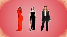 Celebs who use the unexpected red theory interior design trend on a red gradient background including Kendall Jenner, Kacey Musgraves, and Ashley Tisdale