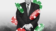 Illustration of Donald Trump surrounded by poker chips emblazoned with the Iranian national emblem