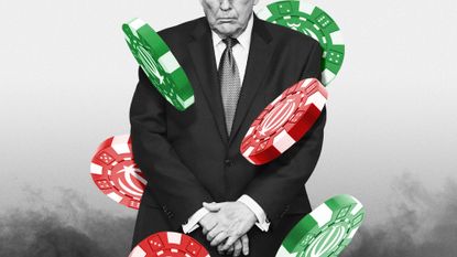 Illustration of Donald Trump surrounded by poker chips emblazoned with the Iranian national emblem