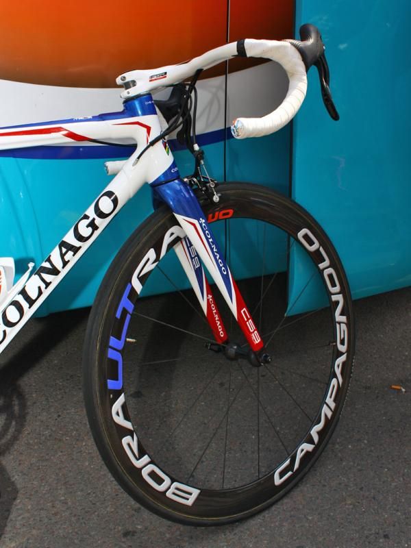 The deep-section Campagnolo Bora Ultra Two carbon fiber tubulars have custom colored decals to match the rest of the bike.