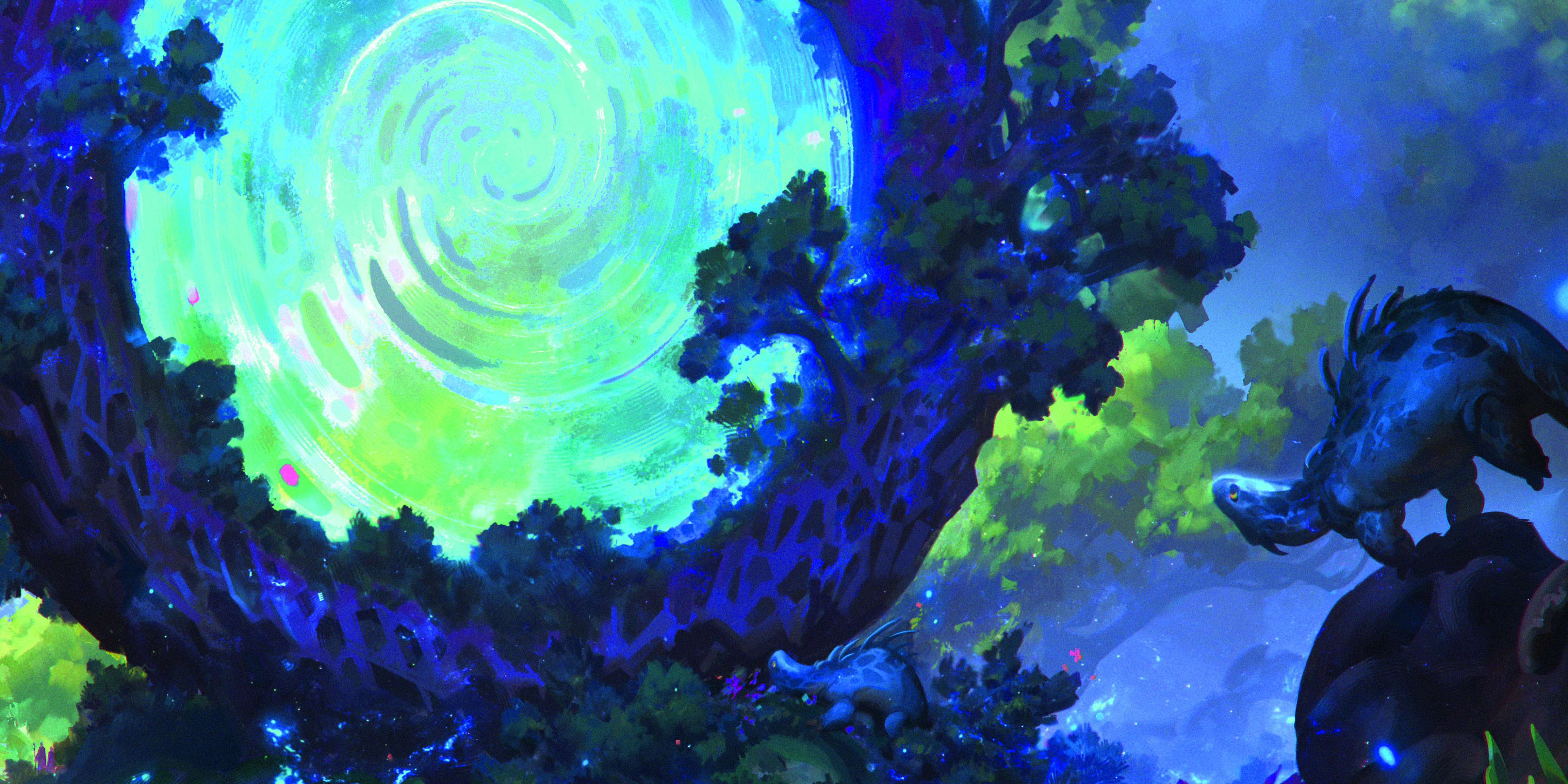 Digital art showing a fantasy forest with a magic portal