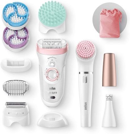 Braun Silk-épil Beauty Set 9 9-985 Deluxe 7-in-1 Cordless Wet and Dry Hair Removal box contents