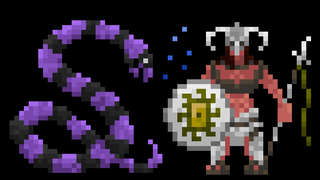 Path of Achra 1.0 update showing bone-armored myrmidon warrior and purple and black banded snake god Apophis