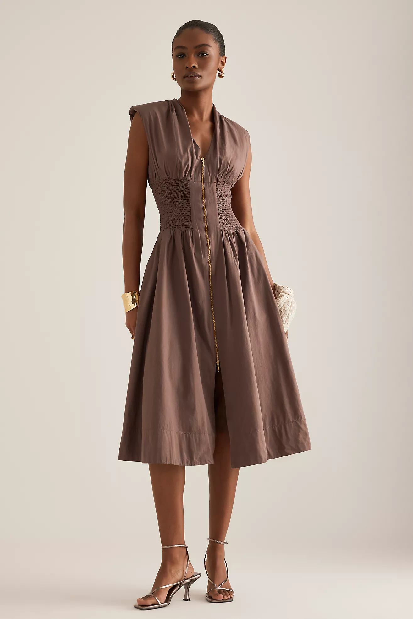 The Tommie Cap-Sleeve Smocked Front-Zip Midi Shirt Dress