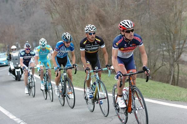 The early breakaway included (r-l) Ruslan Karimov (Team Idea), Dalivier Ospina (Colombia Coldeportes), Philip Deignan (UnitedHealthcare), Yevgeny Nepomnyachsi (Astana) and Filippo Baggio (Utensilnord Named).