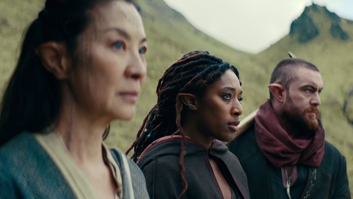 Michelle Yeoh as Scian, Sophia Brown as Éile and Laurence O&#039;Fuarain as Fjall in The Witcher Blood Origin