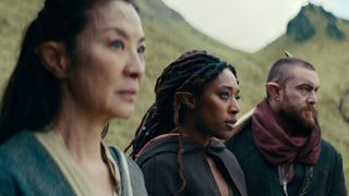 Michelle Yeoh as Scian, Sophia Brown as Éile and Laurence O'Fuarain as Fjall in The Witcher Blood Origin