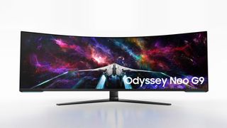 Et reklamebillede for den buede Odyssey Neo G9-skærm, vist forfra mod en hvid baggrund.