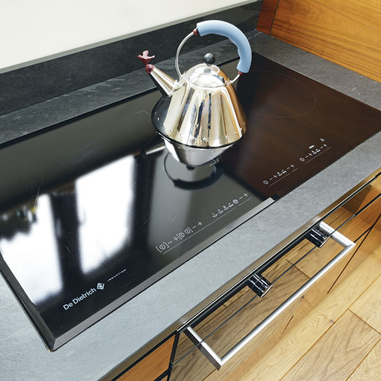 kitchen with electric stove and kettle