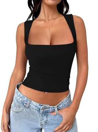 Reoria Tank Tops for Women Sexy Going Out Square Neck Summer Trendy Cute Sleeveless Basic Preppy Crop Tops Night Out Y2k Concert Clothes Black Small