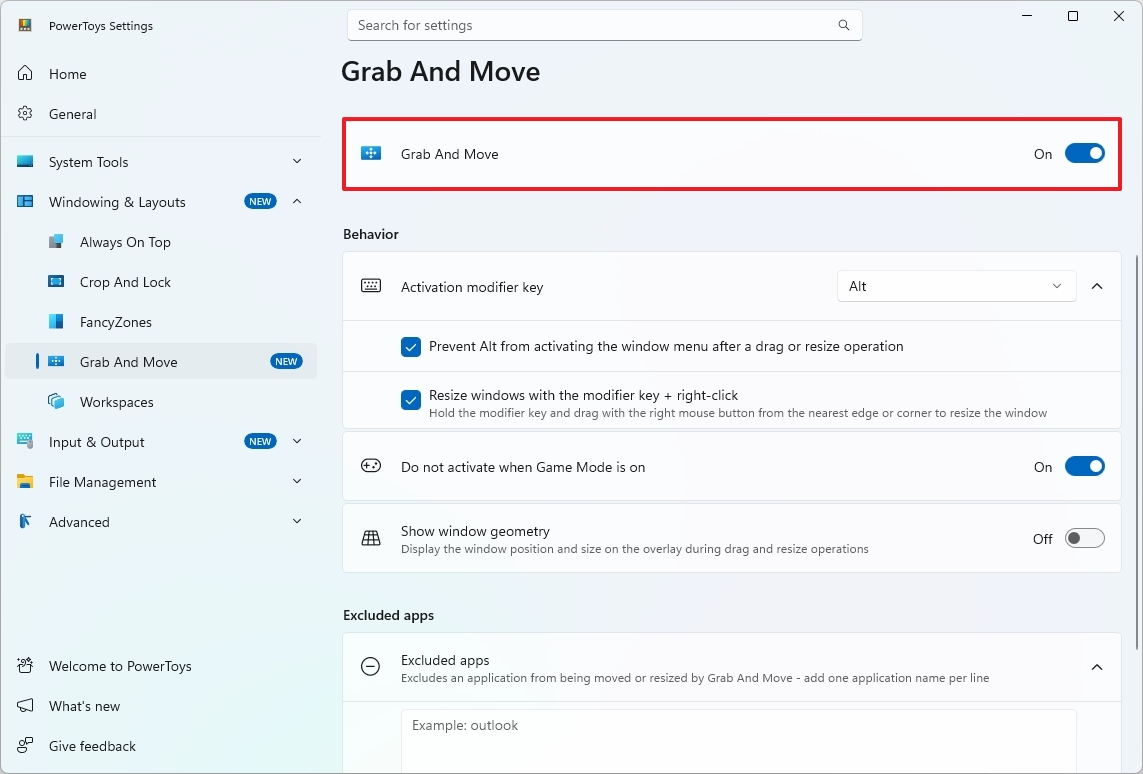 PowerToys settings window showing 'Grab And Move' tool enabled. Options include activation key, resize settings, and excluded apps list.