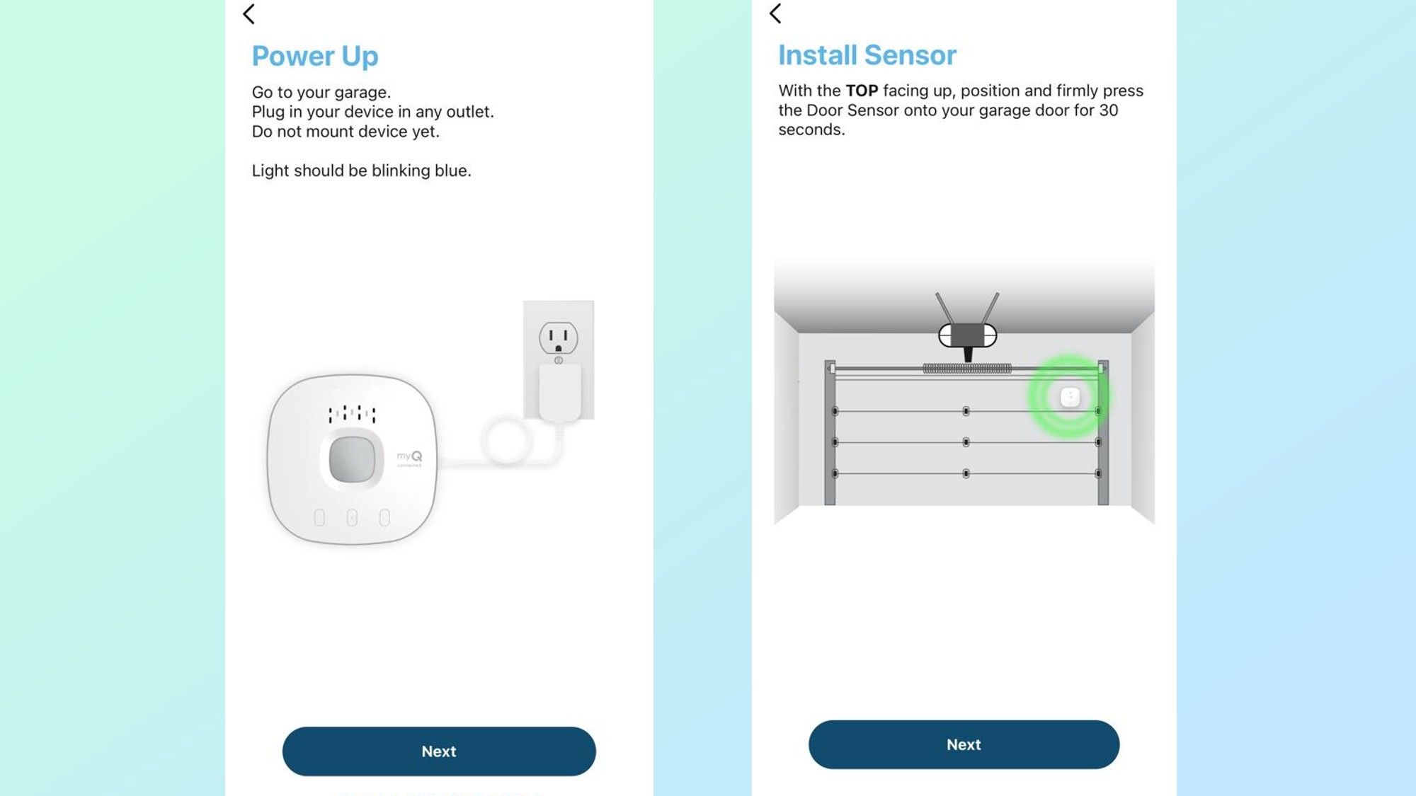 Captures D'Écran De L'Application My Q Montrant Le Processus D'Installation Du Contrôleur De Garage Intelligent My Q