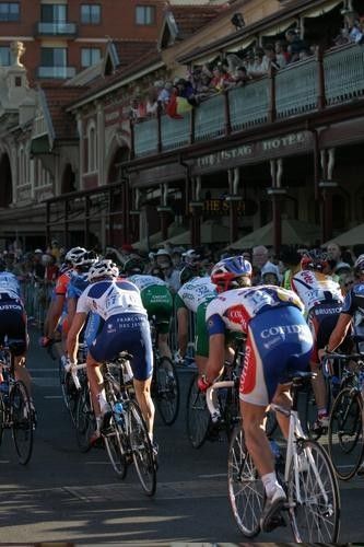 The peloton in the fading Adelaide light