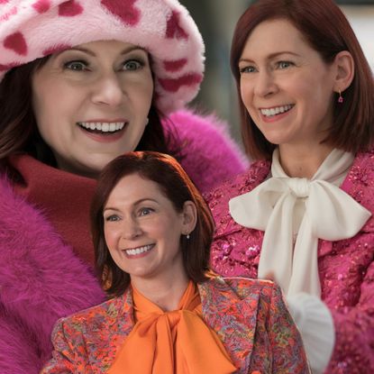 a collage of stills of carrie preston in elsbeth in colorful pink and orange outfits 