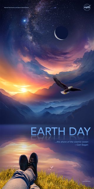 NASA's free Earth Day 2018 poster uses the words of Carl Sagan to remind us of the beauty of our planet and its place in space.