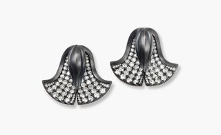'Lotus' earrings in blackened silver and white gold with diamonds by Hemmerle