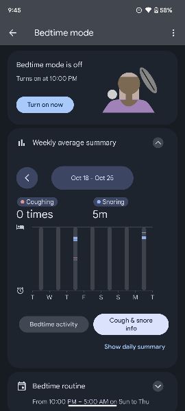 Weekly summary of bedtime activity on the Pixel 7