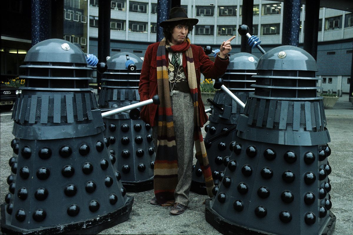 Doctor Who Tom Baker with daleks