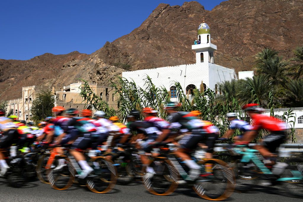 JABAL HATT OMAN FEBRUARY 13 A general view of the peloton competing during the 12th Tour of Oman 2023 Stage 3 a 1518km stage from Al Khobar to Jabal Hatt 1000m TourofOman on February 13 2023 in Jabal Hatt Oman Photo by Alex BroadwayGetty Images