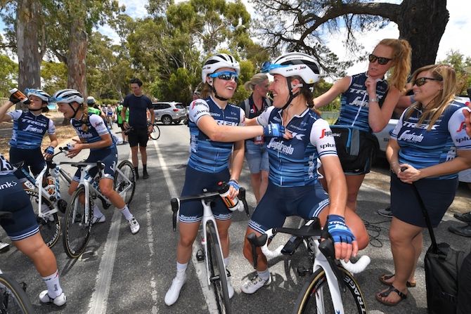 Letizia Paternoster is congratulated by her Trek-Segafredo teammate Lauretta Hanson