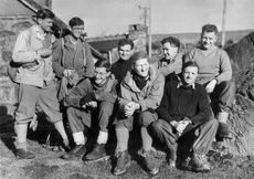 19th January 1953: Members of the British Expedition to Mount Everest are in Snowdonia to test their equipment before departure. From l to r, Back Row, W Noyce, M Westmacott, T D Bourdillon, Major Wylie and R B Evans. Front row G C Band, Colonel John Hunt (Baron Hunt of Lanfair Waterdine) and A Gregory. (Photo by Keystone/Getty Images)