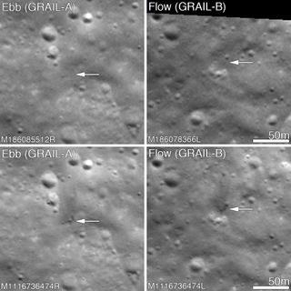 The upper images show the landscape before impact and the lower images show the craters and the dark ejecta.