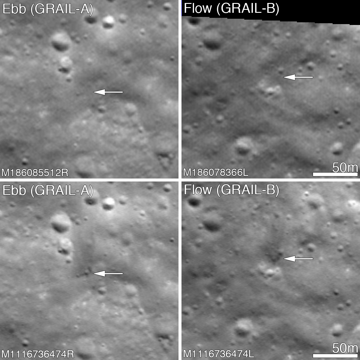 The upper images show the landscape before impact and the lower images show the craters and the dark ejecta.