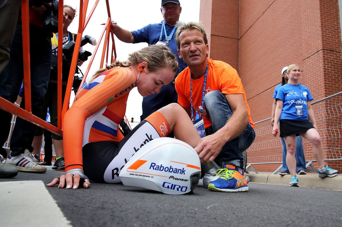 Anna van der Breggen (Netherlands) takes a minute to fins her breath after finishing second in the women's time trial