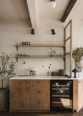 A potted olive tree in a kitchen beside of a countertop. On the countertop are vases and a fruit bowl