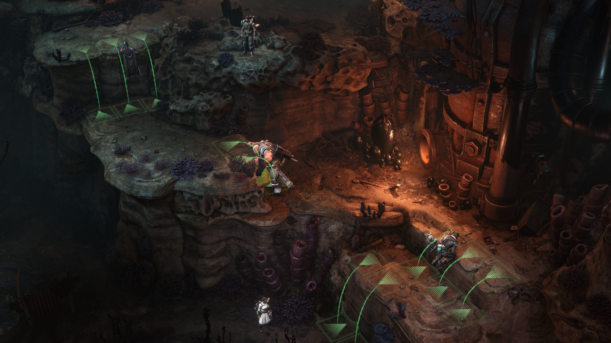 Press Kit screenshot of the player's party climbing cliffs in Warhammer 40,000: Dark Heresy.