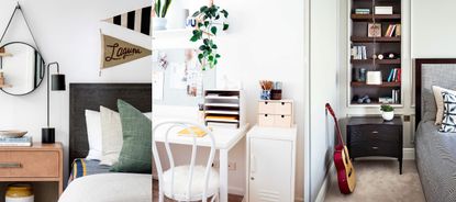 Three examples of dorm room ideas. Stylish dorm room, close up of bed, wooden side table and wall decor. Bright white room, close up of desk, locker storage, decorative accessories. Close up of bed and alcove shelving with books and ornaments, guitar on floor. 