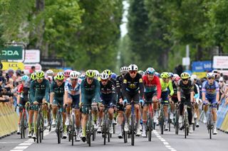 Peloton crosses the line in the neutralised finish of stage 5 at the Dauphiné