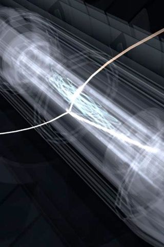 artist's conception shows the ALPHA trap, which captured and stored antihydrogen atoms.