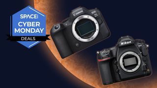 A pair of Canon and Nikon cameras in front of an orange planet background.