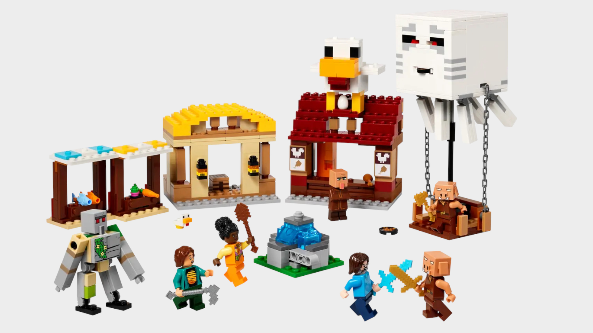 The full Lego Ghast Balloon Village Attack set and minifigures on a plain background