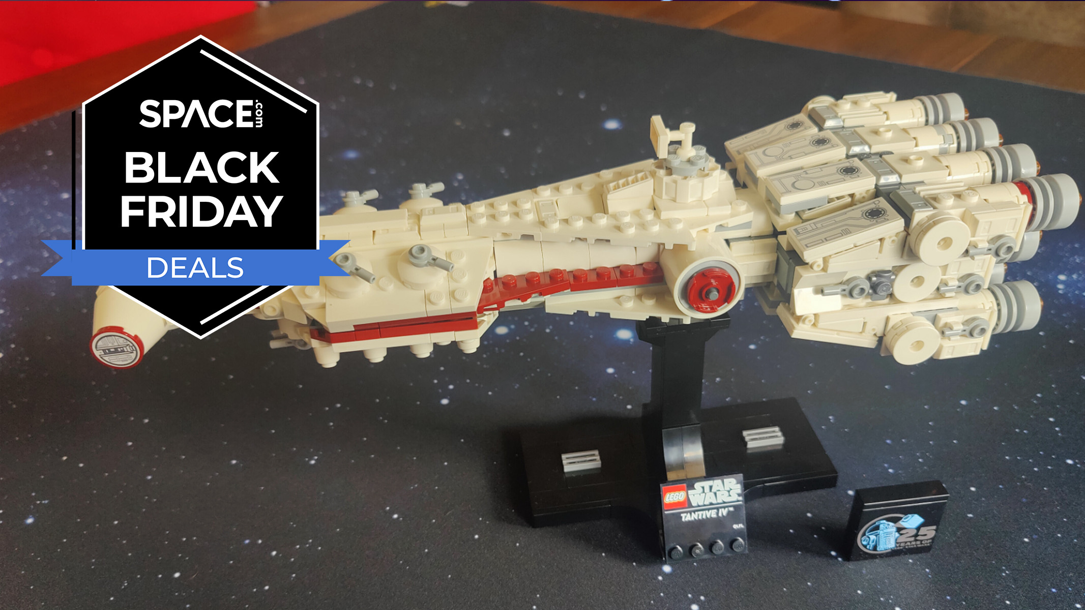 A build of the Lego Star Wars Tantive IV starship on a black table