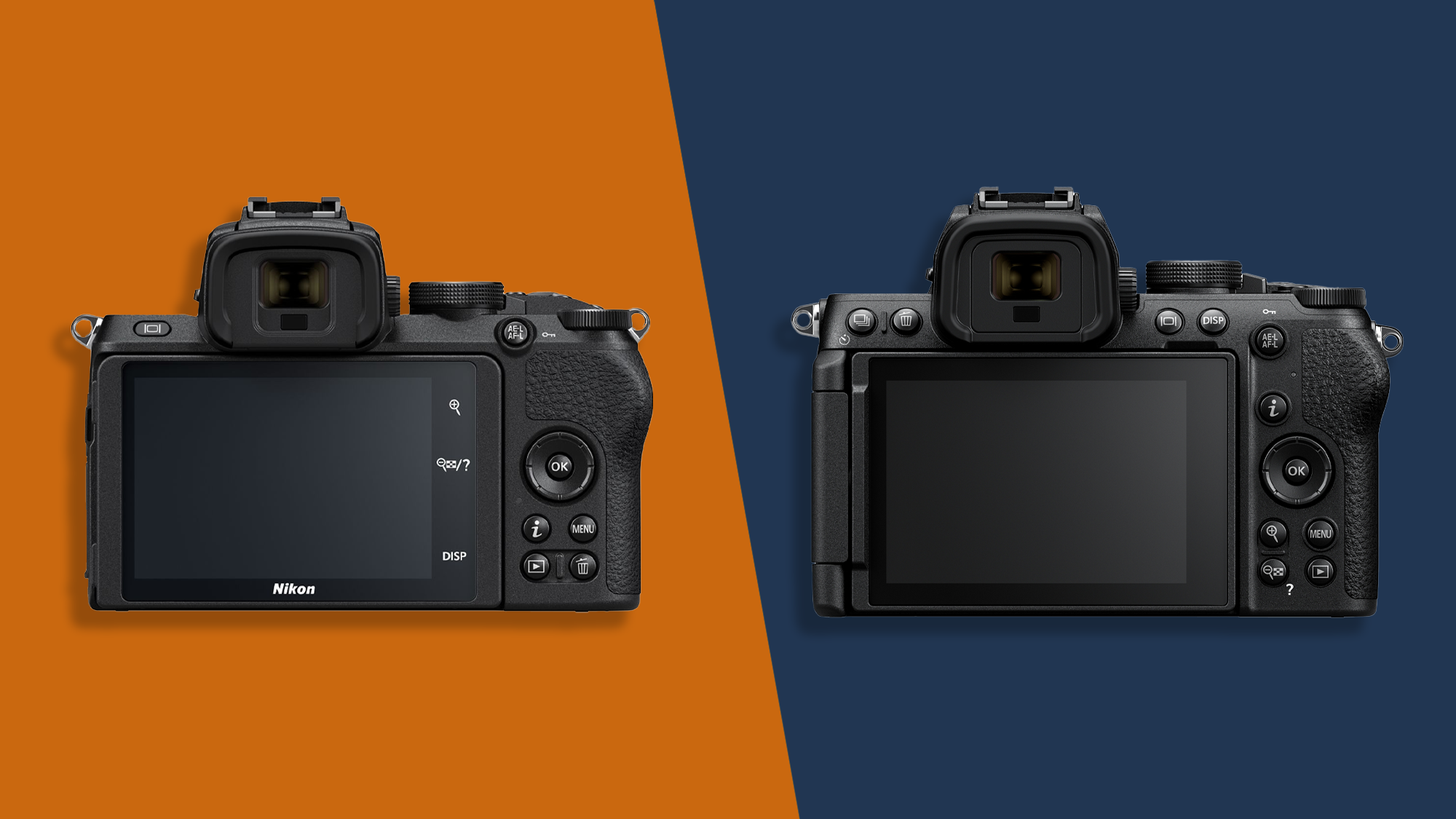 Graphic showing the Nikon Z50 and Z50 II cameras side-by-side, from the back