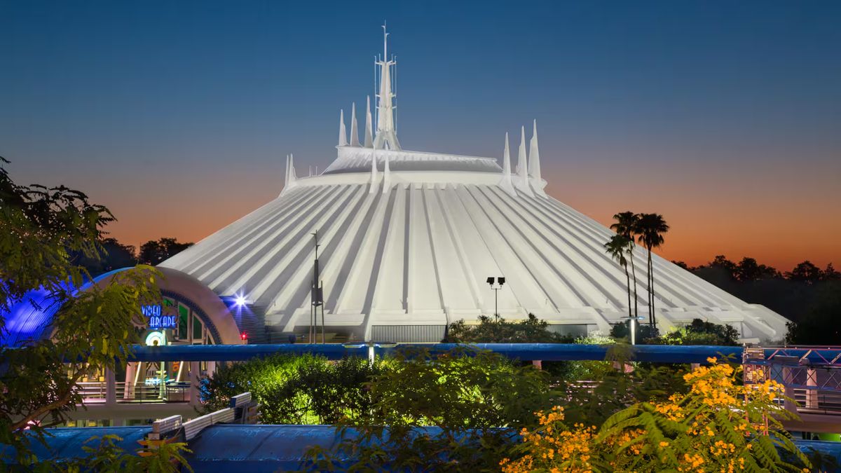 Space Mountain shown at sundown in the Magic Kingdom&#039;s Tomorrowland. 