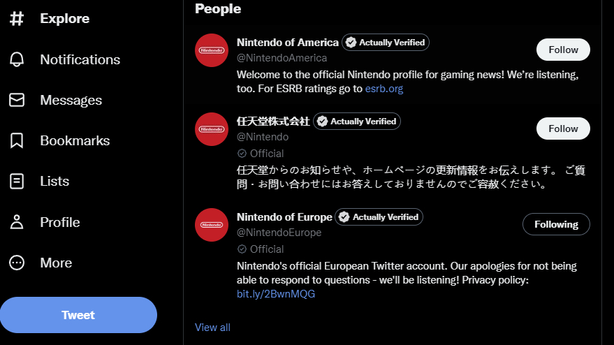 Una captura de pantalla de Twitter muestra que dos cuentas de Nintendo son oficiales, pero una cuenta oficial no lo es.