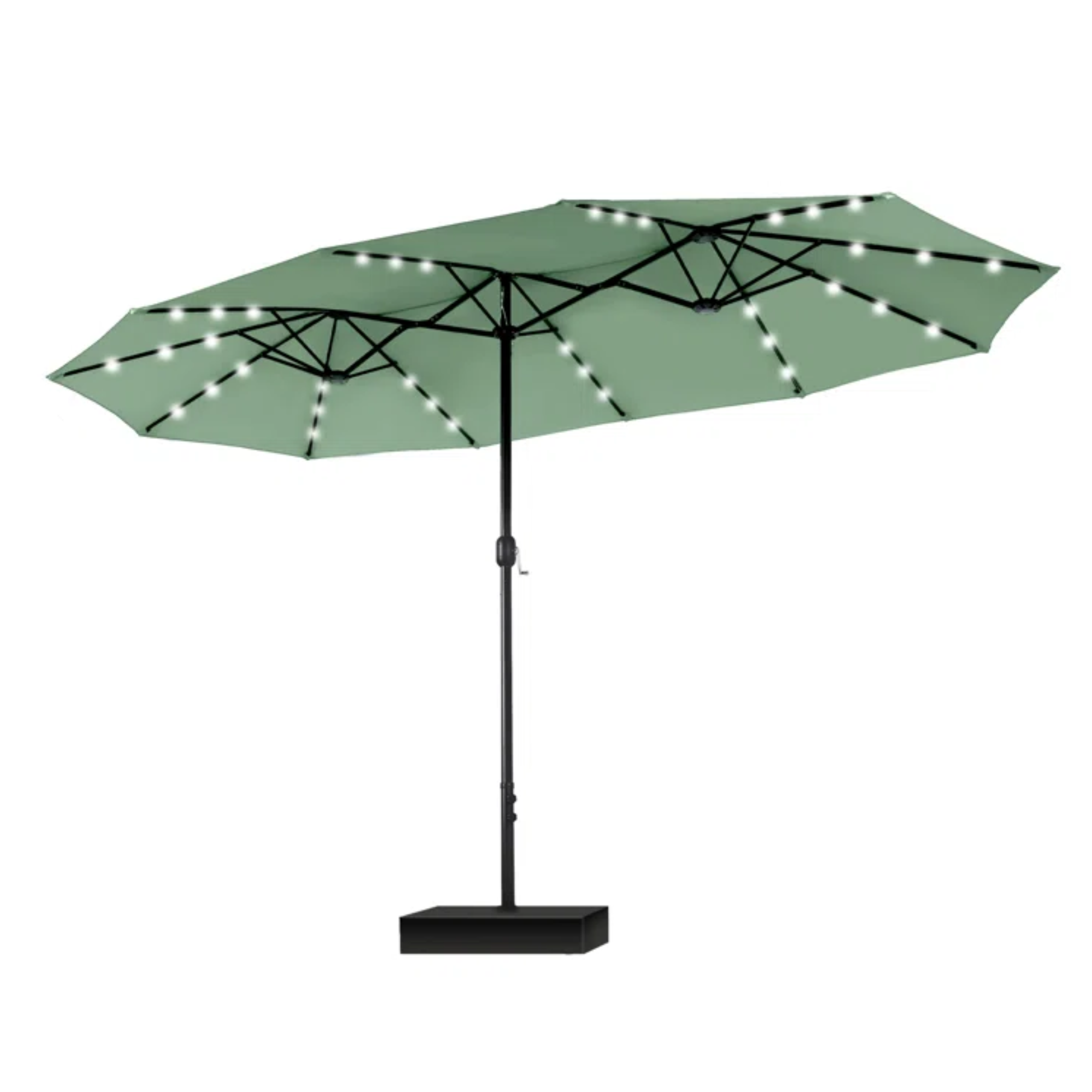 A green patio umbrella with lights