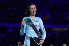 Katie Archibald celebrates her Endurance Winners Trophy at 2023 Track Champions League