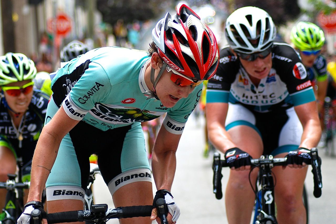 A Colavita-Bianchi rider wrestles with the Manayunk Wall