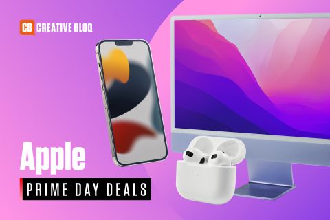 Apple Prime Day deals text with image of Apple products on a purple background